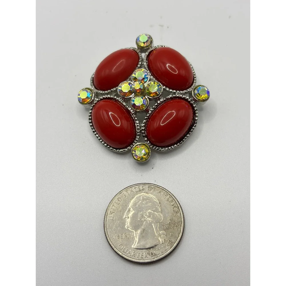 Sonoma Brooch Pin Womens OS Red Silver Tone Aurora Borealis Cabochon‎ Rhinestone